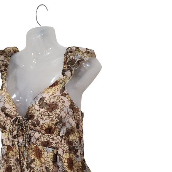 Beyond Words Mini Dress Flutter Shoulder Ruffle Tiered Floral Brown Size Medium - Picture 5 of 11